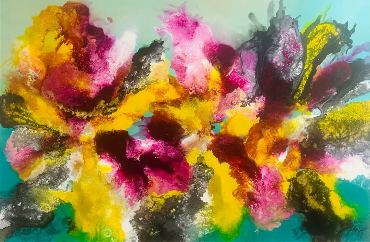 Obra de arte fluido en amarillo, magenta y turquesa de Luly Santos